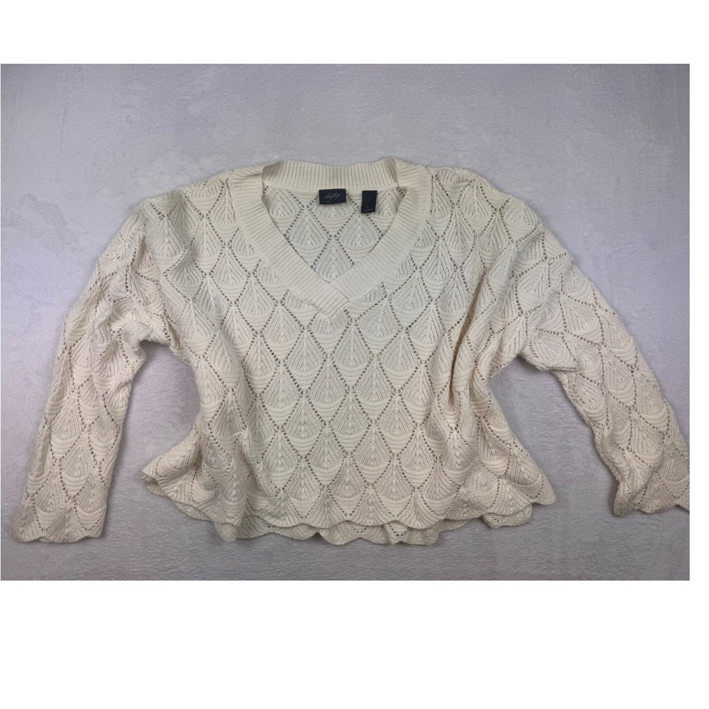Daytrip Cream Crochet Knit V-Neck Sweater Scalloped Hem Cotton Boho Large